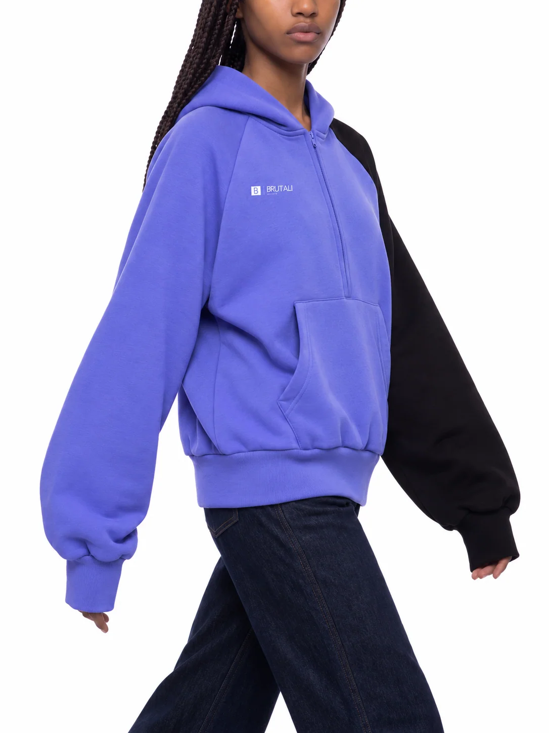 Color-Block Fleece Hoodie in purple and black