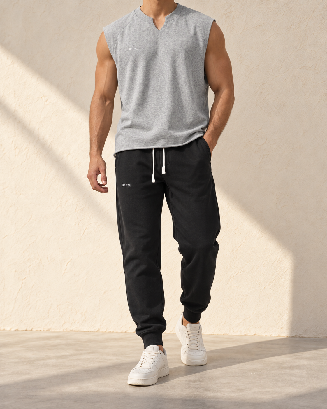 BRUTALI grey sleeveless top and black joggers